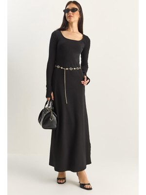 Siyah Uzun Kollu U Yaka Relaxed Elbise