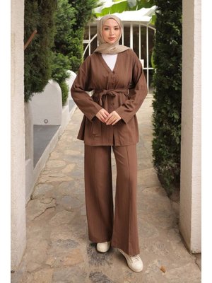 Kahverengi Bel Kuşaklı Keten Tunik Pantolonlu Takım