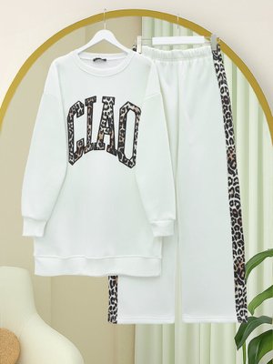 Beyaz Önü Yazılı Leopar Deseni Detaylı Üç İplik Sweat Takım