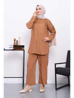Kahverengi Dantel Detaylı Boncuklu Tunik Pantolonlu Takım
