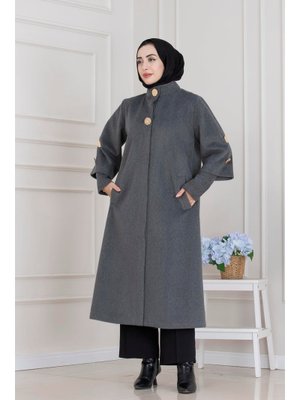 Antrasit Hakim Yaka Broş Düğme Detaylı Kaban