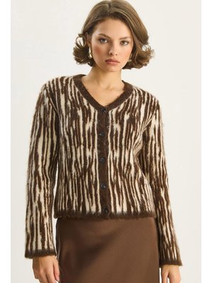 Kahve V Yaka Desenli Şardonlu Hırka