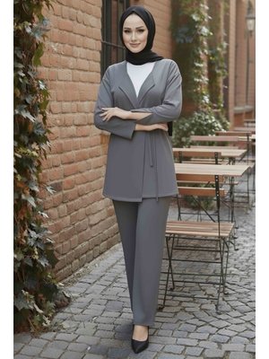 Grı Gri Ceket Pantolon Bluz Modal Üçlü Takım