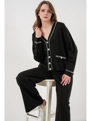 Siyah Nakışlı Triko Hırka Pantolon İkili Takım