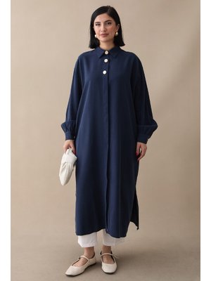 Gömlek Yaka Keten Lacivert Salaş Tunik