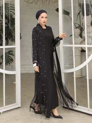 Siyah İnci Detaylı Kuşaklı İkili Abaya