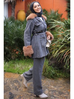Füme Kol Yaka Kürklü Kot Ceket Pantolonlu Takım