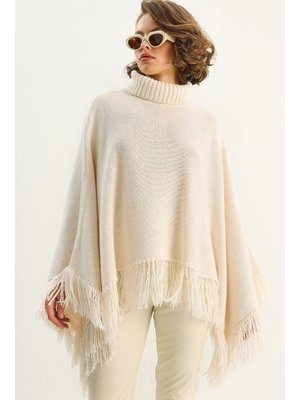 Krem Boğazlı Püsküllü Triko Panço