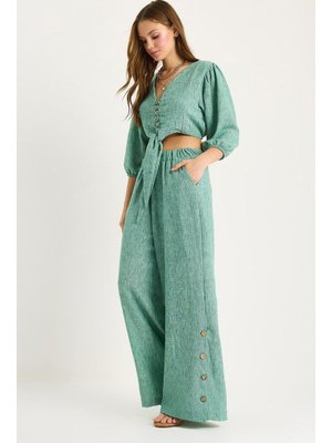 Yeşil Bağlama Detaylı Bluz Paçası Düğmeli Pantolonlu Astarlı Alt Üst Takım