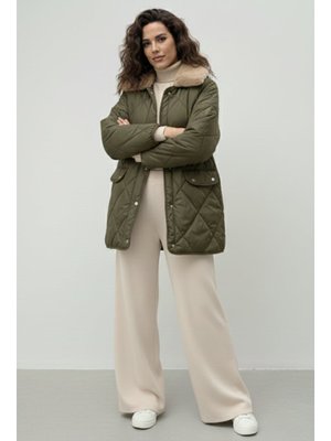 Haki Yakası Kürklü Kapitone Mont