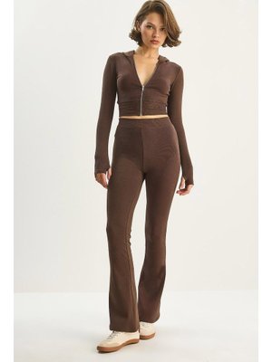 Acı Kahve Fermuarlı Uzun Kollu Crop Üst Hafif İspanyol Paça Tayt