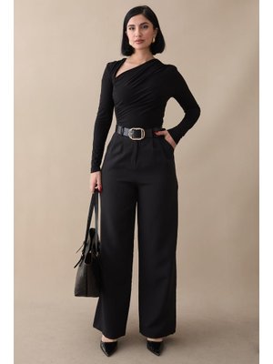 Yüksek Bel Pileli Siyah Palazzo Pantolon