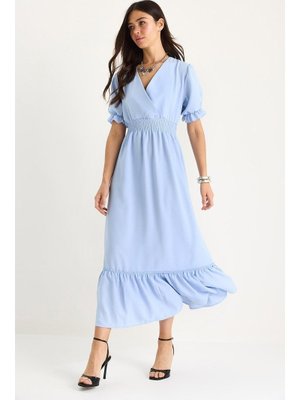 Bebe Mavisi Kruvaze Yaka Beli Gipe Detaylı Kolları Lastikli Elbise