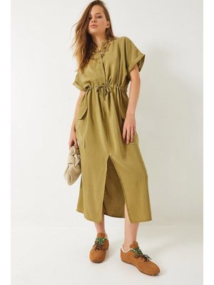 Haki Belden Bağlamalı Önden Yırtmaçlı Torba Cepli Modal Elbise