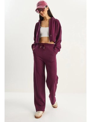 Patlıcan Fitilli Örme Kumaş Rahat Kalıp Kapüşonlu Fermuarlı Alt Üst Takım