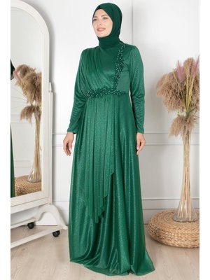 Güpür Detaylı Simli Abiye Zümrüt