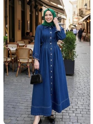 Beli Büzgülü Düğmeli Koyu Kot Mavi Elbise