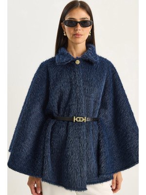 Lacivert Tek Düğmeli Beli Kemerli Sakallı Yumoş Panço