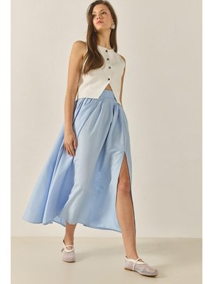 Bebe Mavisi Yüksek Bel Kloş Kesim Yırtmaçlı Etek