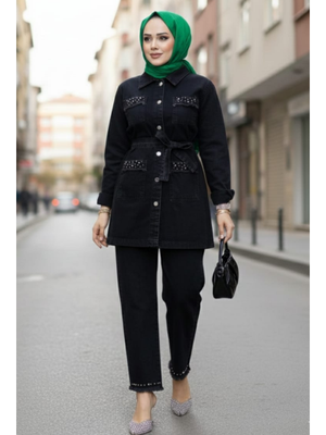 Taş Detaylıtunik Ve Pantolon Kot Siyah İkili Takım