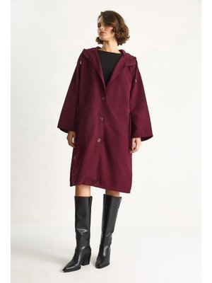 Vişne Kapüşonlu Astarlı Cep Detaylı Orta Boy Mevsimlik Trençkot