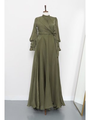 Yağ Yeşili Yandan Bağlamalı Abiye Elbise