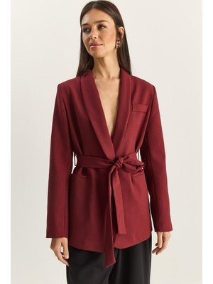 Bordo Şal Yaka Astarlı Kuşaklı Blazer Ceket