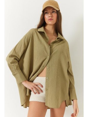 Haki Düşük Omuz Oversize Basic Bürümcük Gömlek