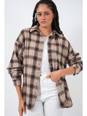 E. Kahve Ekose Desen Oversize Oduncu Gömlek