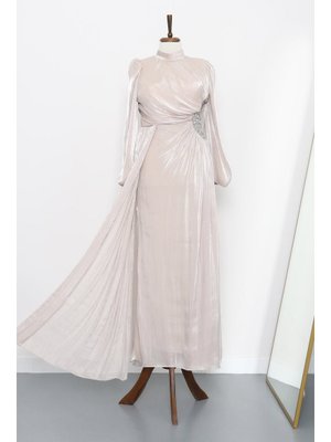 Kolu Lastikli Taş Detaylı Abiye Elbise