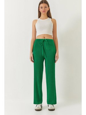 Yeşil Beli Lastikli Fitilli Palazzo Pantolon