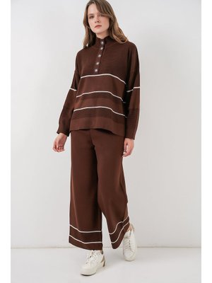 Kahverengi Çizgili Oversize Triko İkili Takım