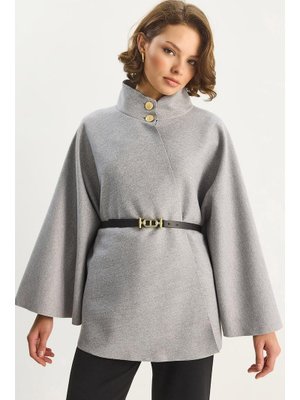 Gri Gold Düğme Detaylı Dik Yaka Kemerli Panço