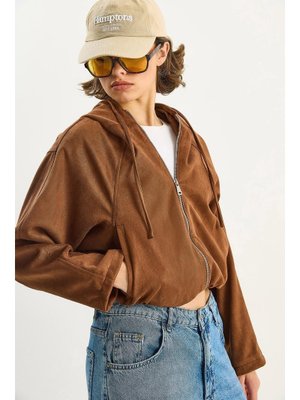 Taba Kapüşonlu Fermuarlı Cep Detaylı Astarlı Süet Bomber Ceket