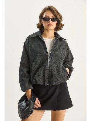 Antrasit Cep Detaylı Fermuarlı Kaşe Bomber Ceket