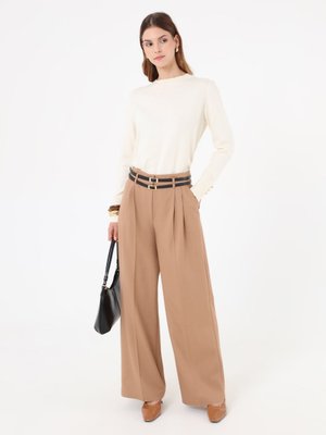 Çift Kemer Detaylı Pileli Pantolon Acik Vizon