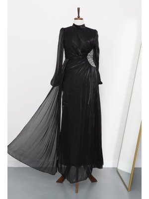 Siyah Kolu Lastikli Taş Detaylı Abiye Elbise