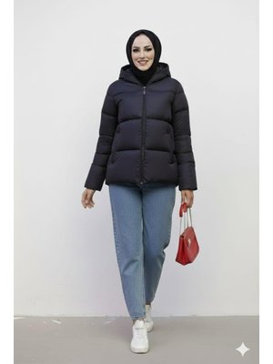 Kapüşonlu Önden Cepli Şişme Siyah Mont