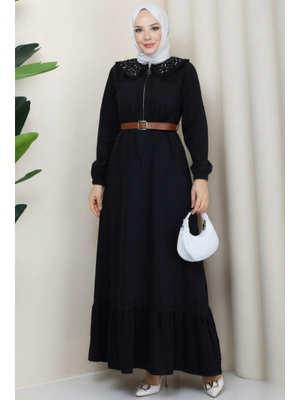 Taş Detaylı Fermuarlı Kemerli Kot Siyah Elbise