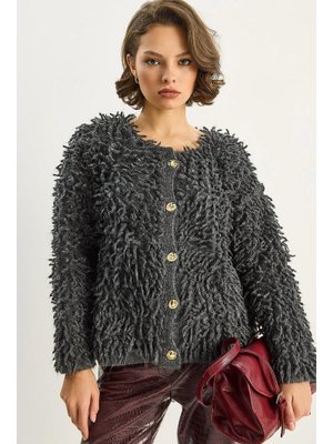 Antrasit Oversize Saçaklı Triko Hırka