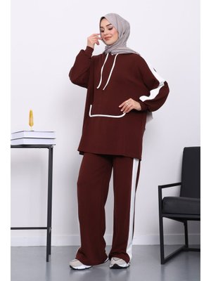 Koyu Bordo Kapüşonlu Renk Bloklu Tunik Pantolonlu Takım