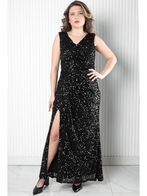 Siyah Pul Payetli Abiye Elbise