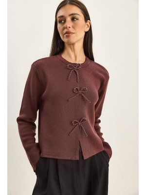 Mürdüm İncili Fiyonk Aksesuarlı Triko Hırka