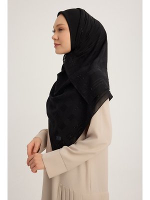 Siyah Jakarlı Simli Ekose Şifon Eşarp 120x120cm