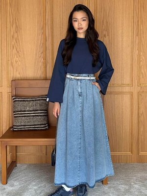 Kot Tek Düğmeli Etek Buz Mavisi