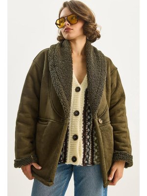 Haki İçi Kürklü Cep Detaylı Şal Yaka Süet Kaban