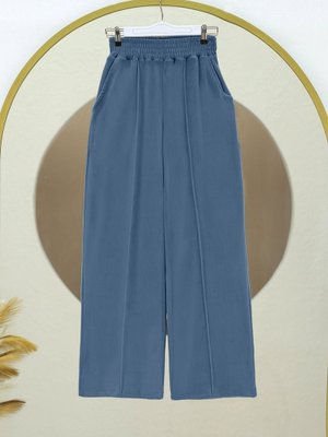 Mavi Çımalı Beli Lastikli Kadife Pantolon