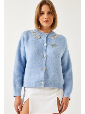 Bebe Mavisi Yakası Taşlı Şardonlu Triko Hırka