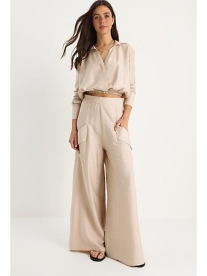 Bej V Yaka Beli Lastikli Crop Cep Detaylı Bol Pantolonlu Alt Üst Takım