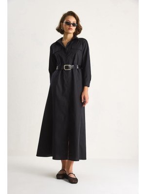 Siyah Düğme Kapamalı Cep Detaylı Kemerli Gömlek Elbise
